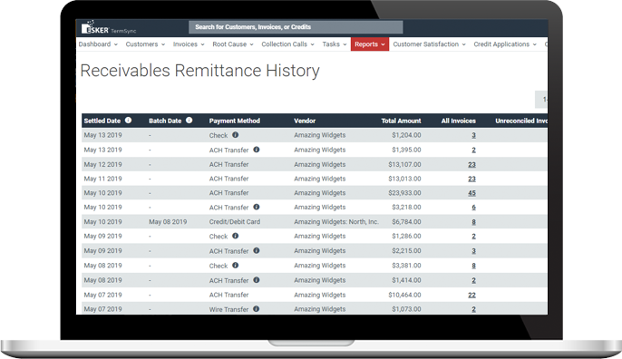 Esker's payment software featuring the receivables remittance history report Esker's payment software featuring the receivables remittance history report
