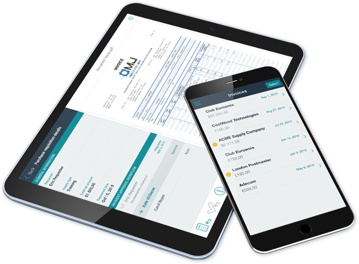 Esker's mobile ap invoice approval shown on tablet and phone Esker's mobile ap invoice approval shown on tablet and phone