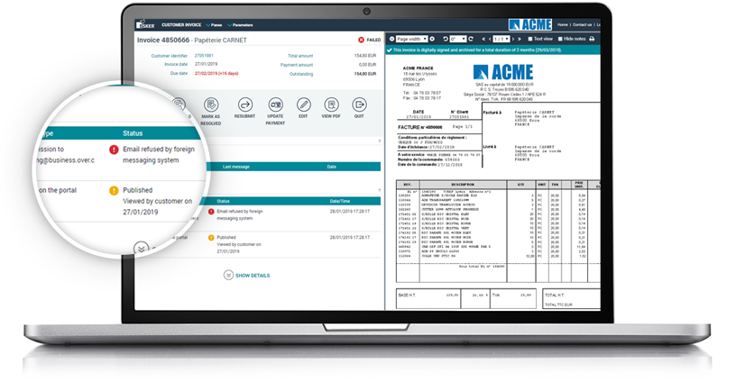 Esker's invoice solution showing errors in the side by side view on a laptop