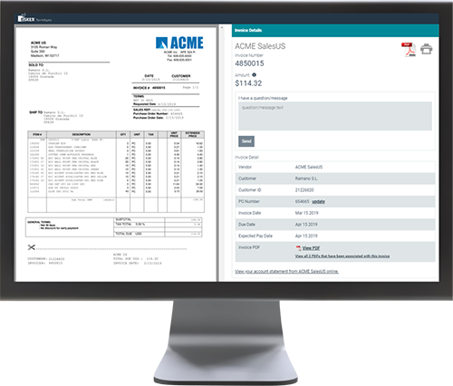 Esker's payment software showing the side by side invoice screen Esker's payment software showing the side by side invoice screen