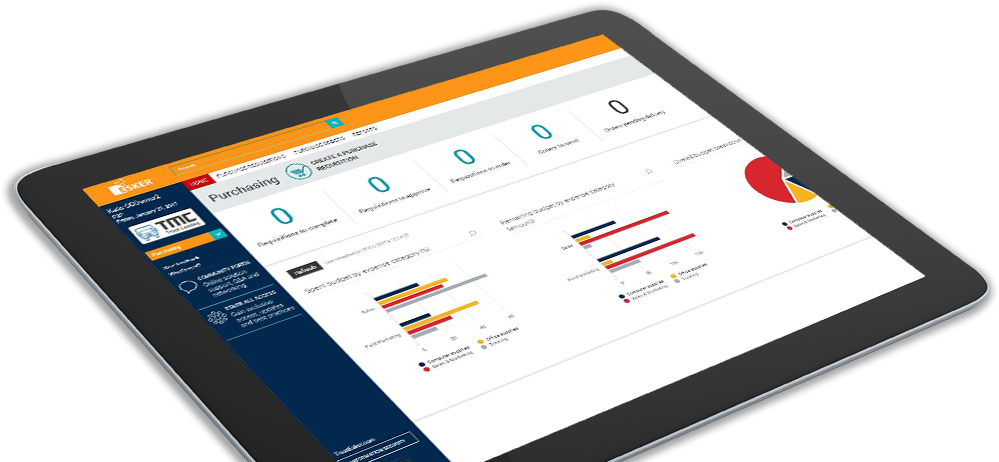 Esker's purchasing software dashboard displayed on a tablet Esker's purchasing software dashboard displayed on a tablet