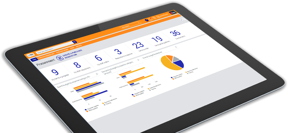Esker's purchasing software dashboard displayed on a tablet Esker's purchasing software dashboard displayed on a tablet